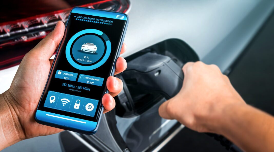 EV charging station for electric car with mobile app display charger status
